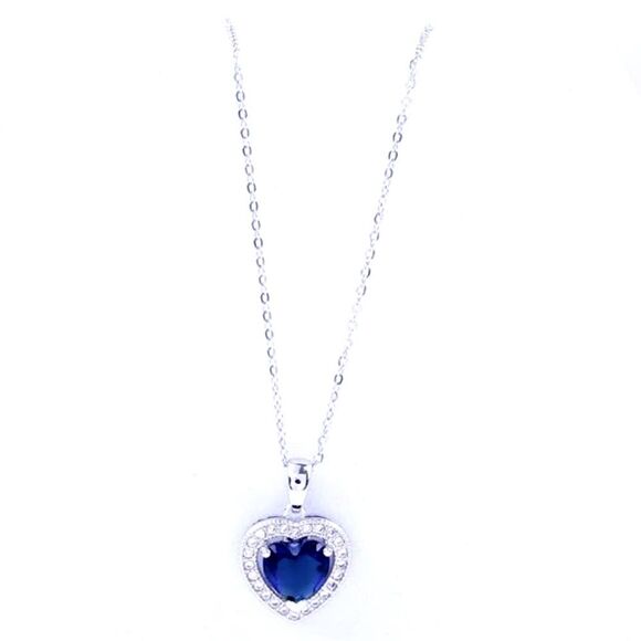 SALE Sterling Silver Royal Sapphire Blue Topaz Heart Crystal Pendant Necklace - Picture 2 of 5